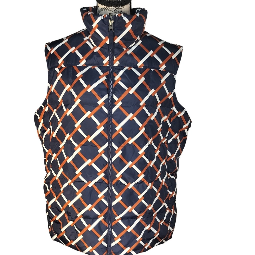Lands' End Womens XL/P 18 Down Puffer Vest‎ Navy Blue Orange Geometric Full Zip